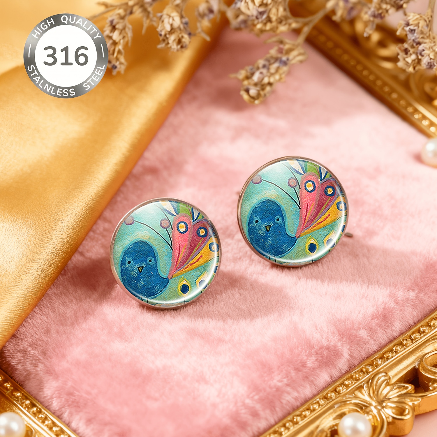 2pcs Set Colorful Blue Bird & Pink Abstract Pattern Earrings